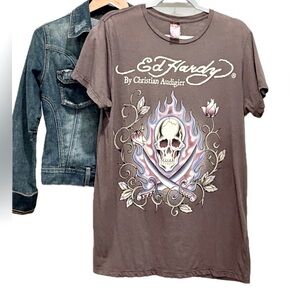 Y2K Ed Hardy Swords Flaming Skull Love Kills Vintage Collection Tee